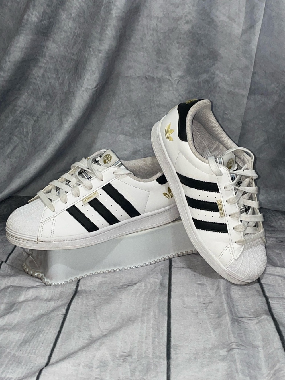 adidas White & Black SuperStar Classic Sneakers with Gold Accents